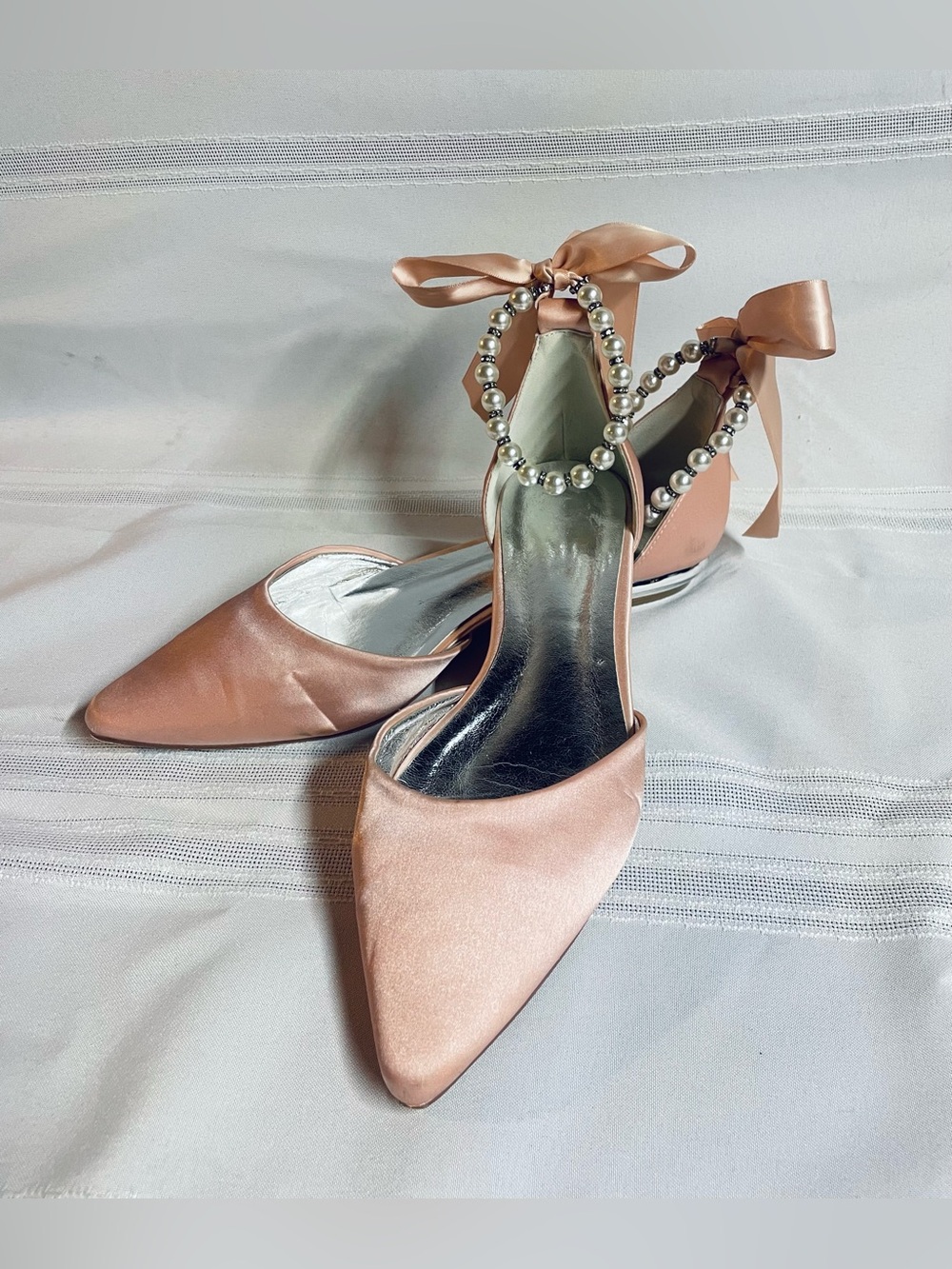 Women Satin Pointed Toe Ballet Flats w Pearl Ankle Strap Bows Peachy Pink Sz 9.5